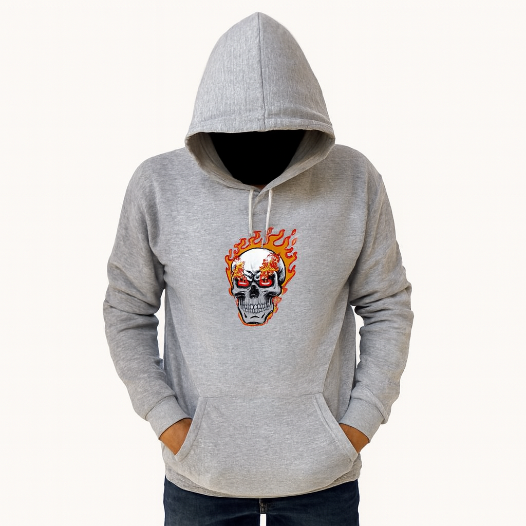Printed Grey Hoodie for Teens & Adults – Black Skull Graphic, Premium Fabric