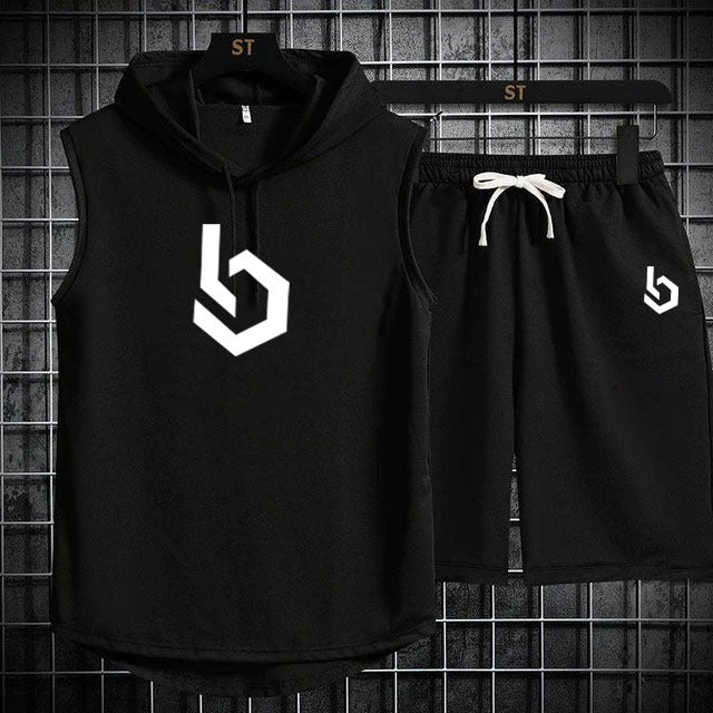 Summer Gym Hooded Short Track Suit fabric Jersey (black)