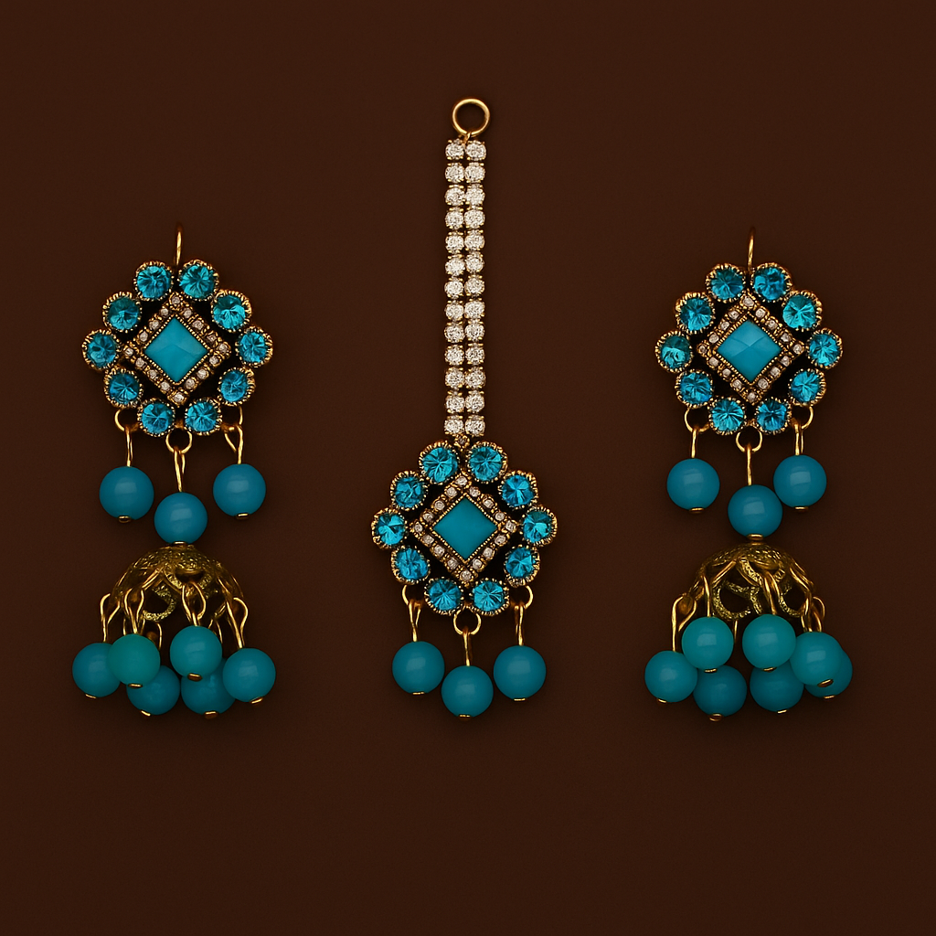 Artificial Jhumkay & Bindya Set with Blue Stones – Ethnic Jewelry for Women | Traditional Jhumke Set For Women | Jhumkay Set |Artificial Jewelry for Women