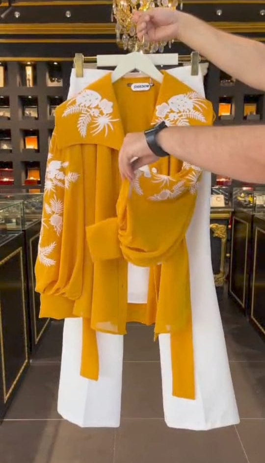 Women’s 3-Piece Mustard Embroidered Chiffon Western Maxi Set – Upper, Inner & Belt, Medium Size, Elegant Party Wear