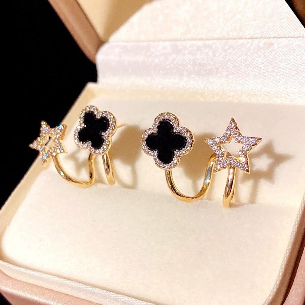 Sparkling Clover Star Earrings – Gold Plated Fashion Jewelry with Black Enamel & Crystal Detailing ( PXJ-107) - Silver