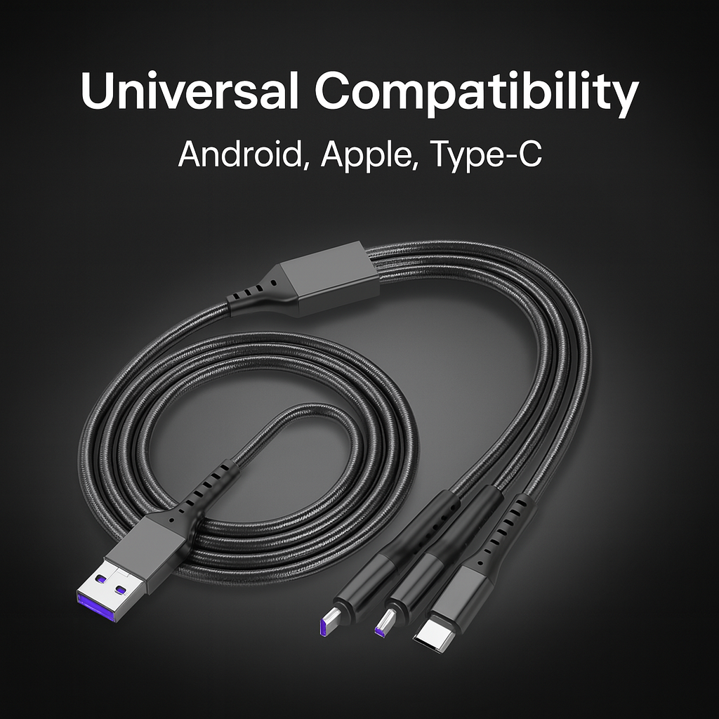 3-in-1 Metal Fast Charging Cable – Micro USB, Type-C & iPhone | Original Copper | Multi-Color Options (Random color)