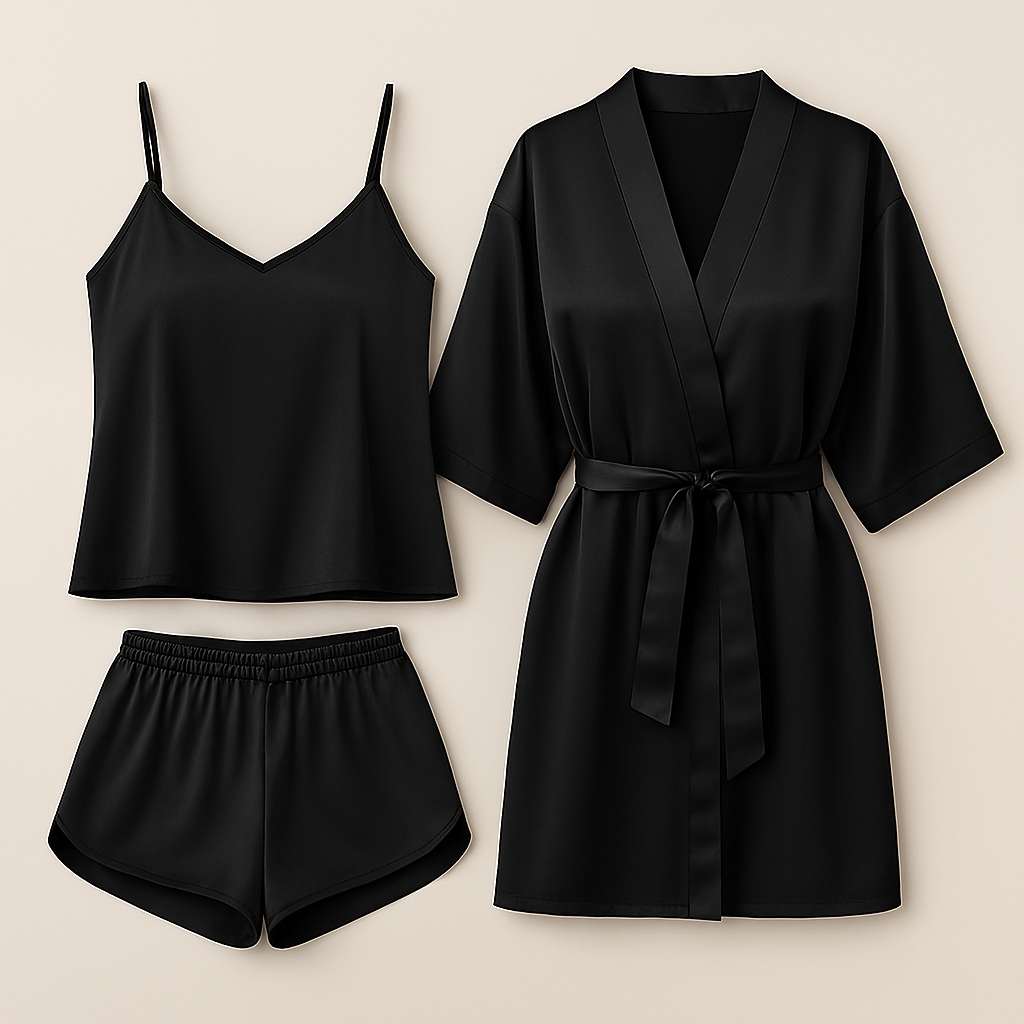 5-Piece Satin Sleepwear Set – Robe, Camisole, Pants & Bikini Nightwear ( DC-5002) - Black