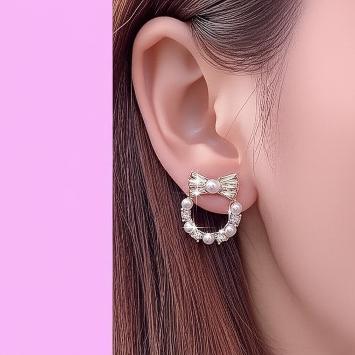 Pearl Bow Korean Zircon Earrings for Women – Elegant Bowknot Design with Sparkling Zircon and Pearl Accents | Premium Golden and Silver Fashion Jewelry for Weddings, Parties, and Everyday Wear | AXT-100 - Silver