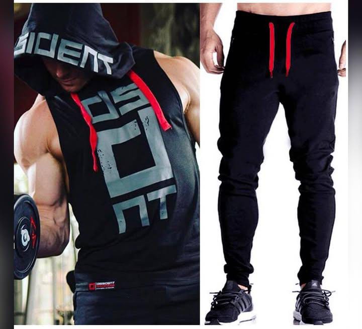 Black Gym Sleeveless Hood Tracksuit - Black Gym Sleeveless Hood Summer Tracksuit - Ready to Wear 2-Piece Set | Men's Sports & Jogging Wear  - L