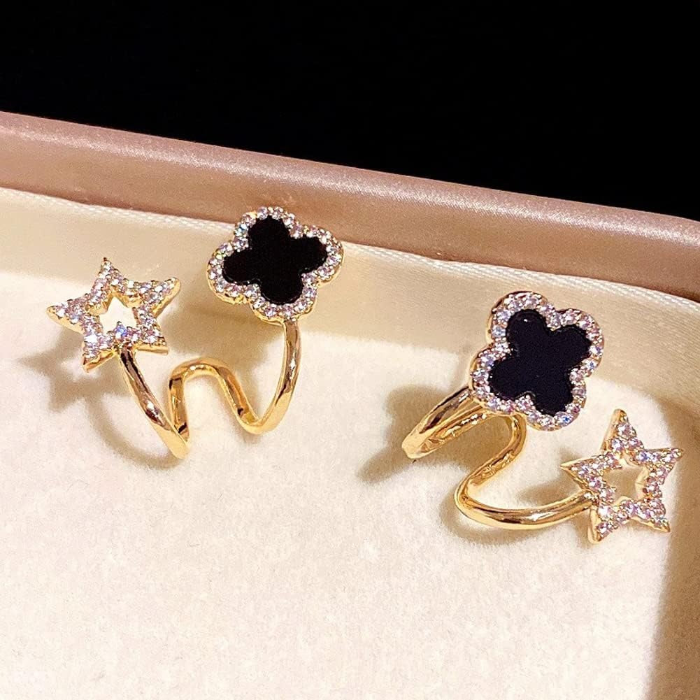 Sparkling Clover Star Earrings – Gold Plated Fashion Jewelry with Black Enamel & Crystal Detailing ( PXJ-107) - Silver